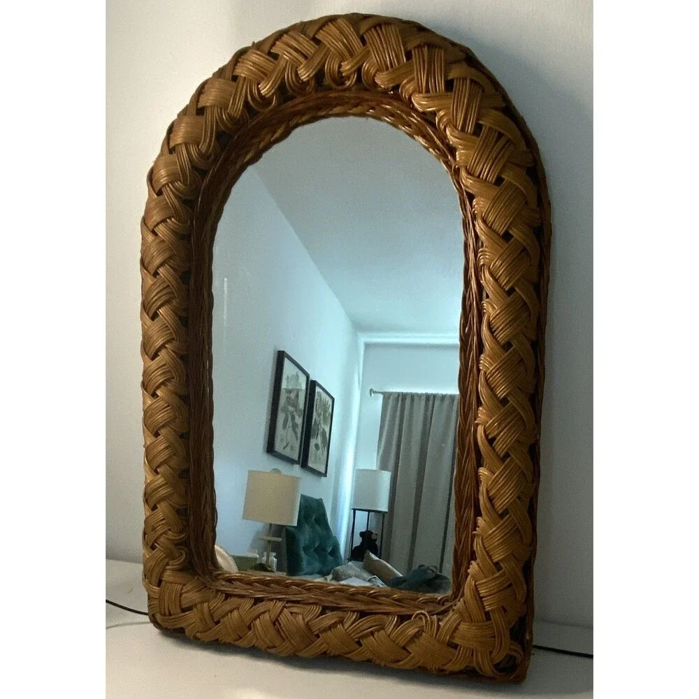 Vtg 80s Pier 1 Imports Rattan Boho Braided Arched Wall Mirror 2 tone wicker.